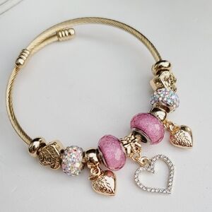 Heart Charm Gold Plated Cable Bracelet Pink Beads Crystal Cuff 7"